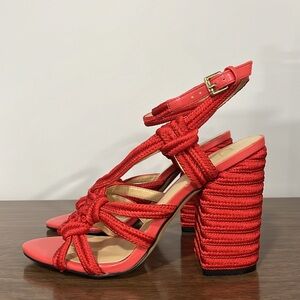 CABI women’s tiptoe coral red rope high heels, size 7M, great condition.